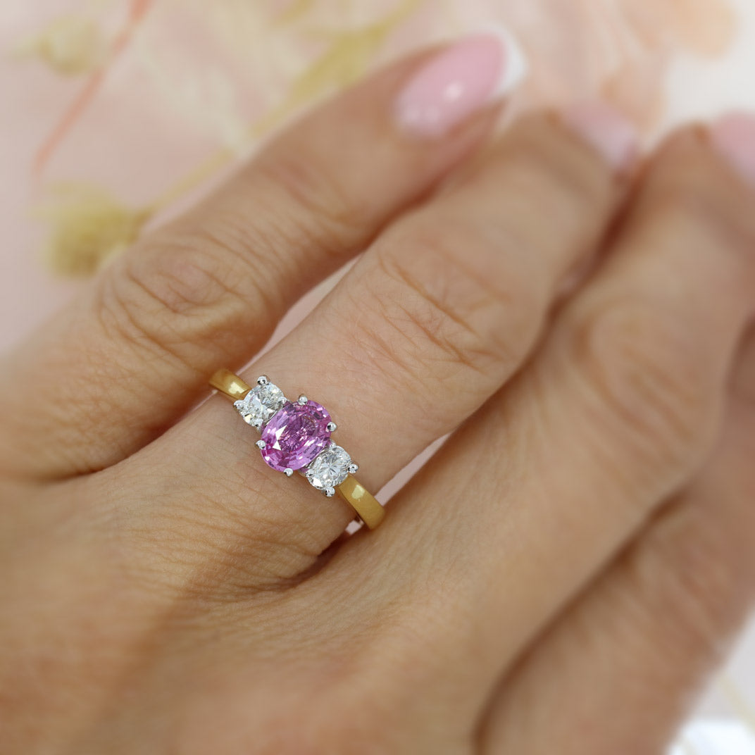 18ct Yellow Gold Oval Pink Sapphire & Round Diamond 3 Stone Ring