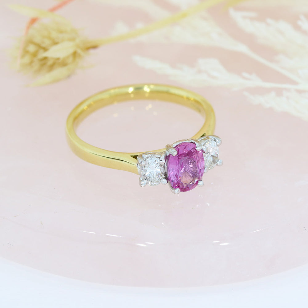 18ct Yellow Gold Oval Pink Sapphire & Round Diamond 3 Stone Ring
