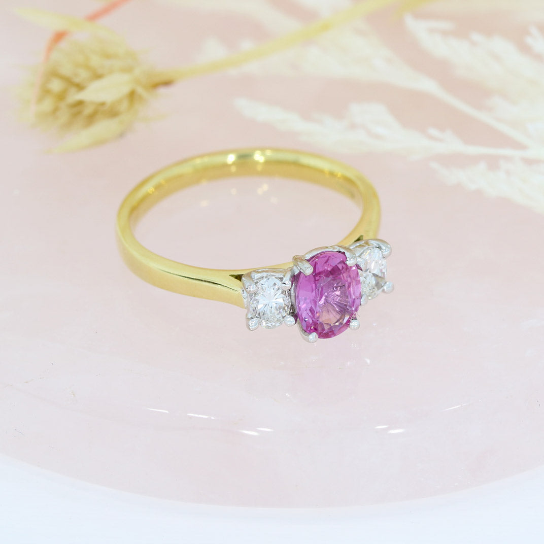 18ct Yellow Gold Oval Pink Sapphire & Round Diamond 3 Stone Ring