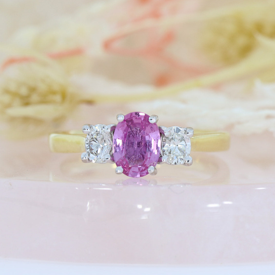 18ct Yellow Gold Oval Pink Sapphire & Round Diamond 3 Stone Ring