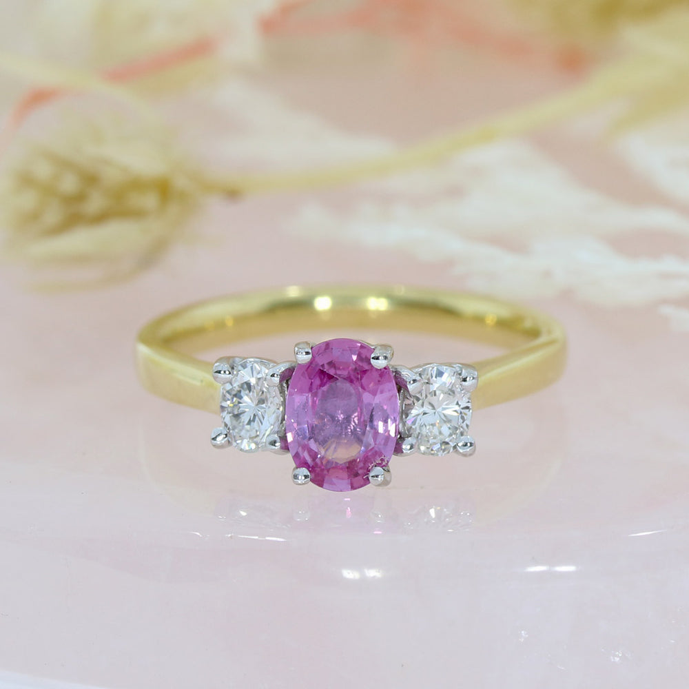 18ct Yellow Gold Oval Pink Sapphire & Round Diamond 3 Stone Ring