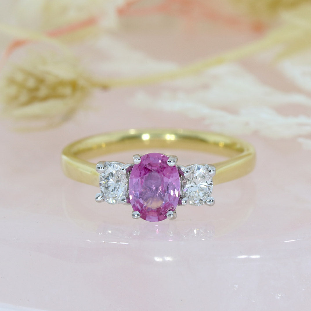 18ct Yellow Gold Oval Pink Sapphire & Round Diamond 3 Stone Ring