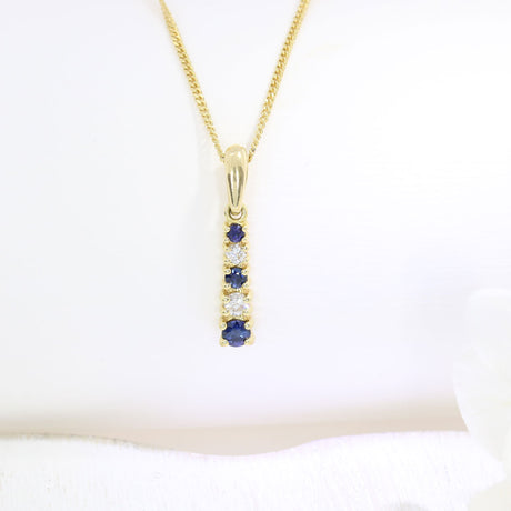 18ct Yellow Gold Sapphire & Diamond Graduated Claw Set Drop Pendant 18" Chain