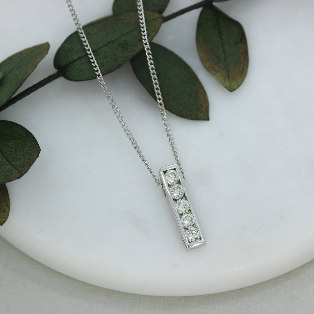 18ct White Gold Bar Pendant Set With 5 Round Diamonds 0.55ct On 18ct Curb Chain