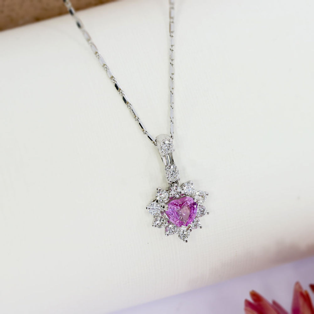 18ct White Heart Shaped Pink Sapphire & Diamond Cluster Pendant & Chain