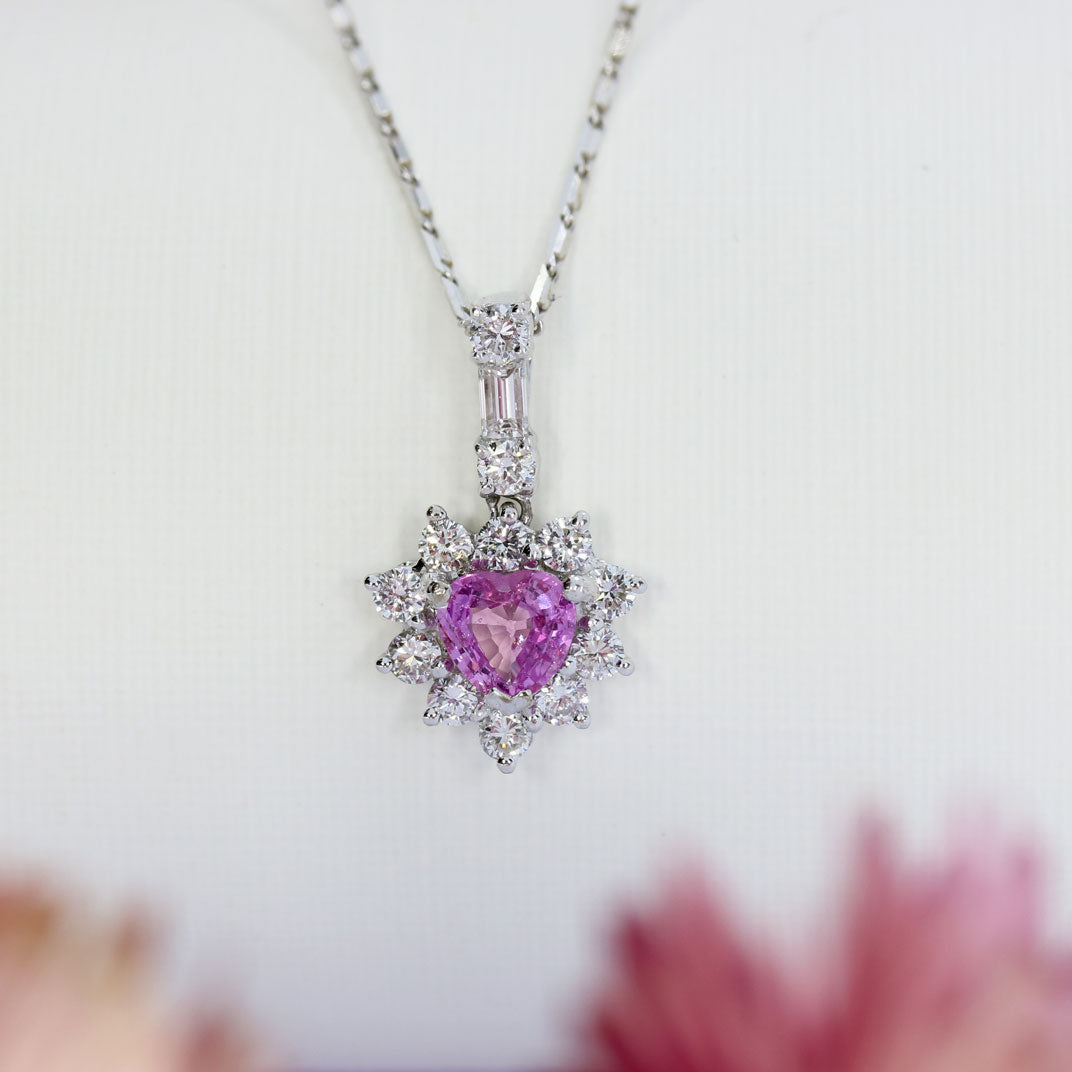 18ct White Heart Shaped Pink Sapphire & Diamond Cluster Pendant & Chain
