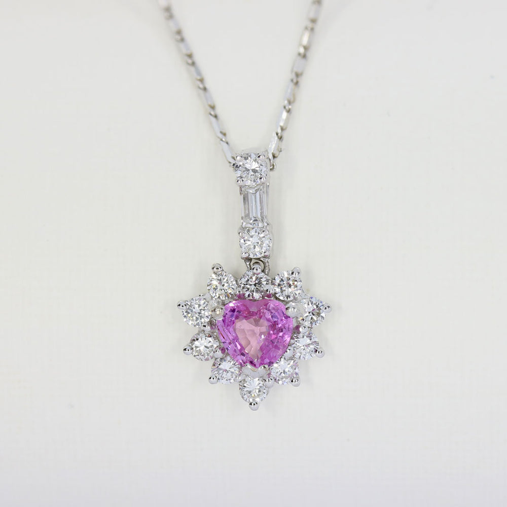 18ct White Heart Shaped Pink Sapphire & Diamond Cluster Pendant & Chain