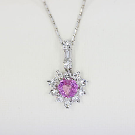 18ct White Heart Shaped Pink Sapphire & Diamond Cluster Pendant & Chain