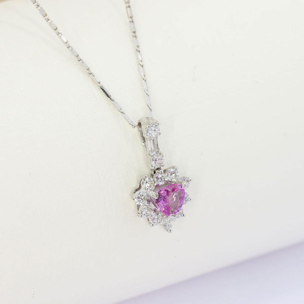 18ct White Heart Shaped Pink Sapphire & Diamond Cluster Pendant & Chain