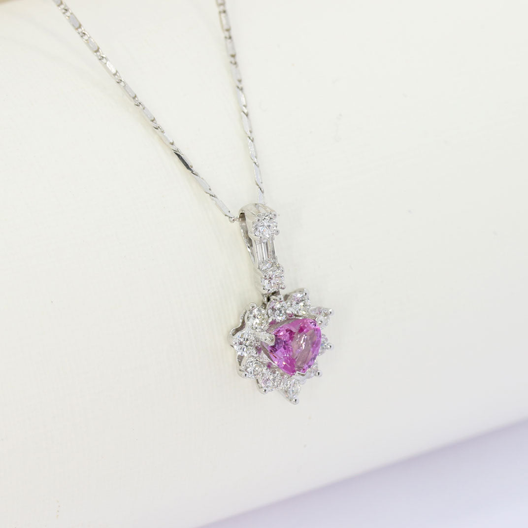 18ct White Heart Shaped Pink Sapphire & Diamond Cluster Pendant & Chain