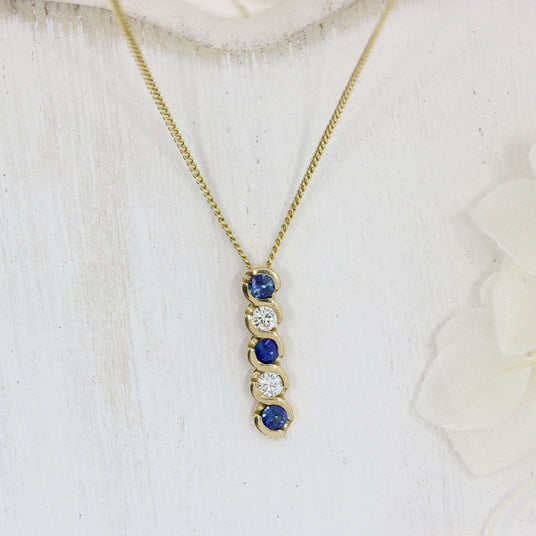 9ct Gold Sapphire & Diamond Drop Pendant on a 9ct Yellow Gold 18'' Chain