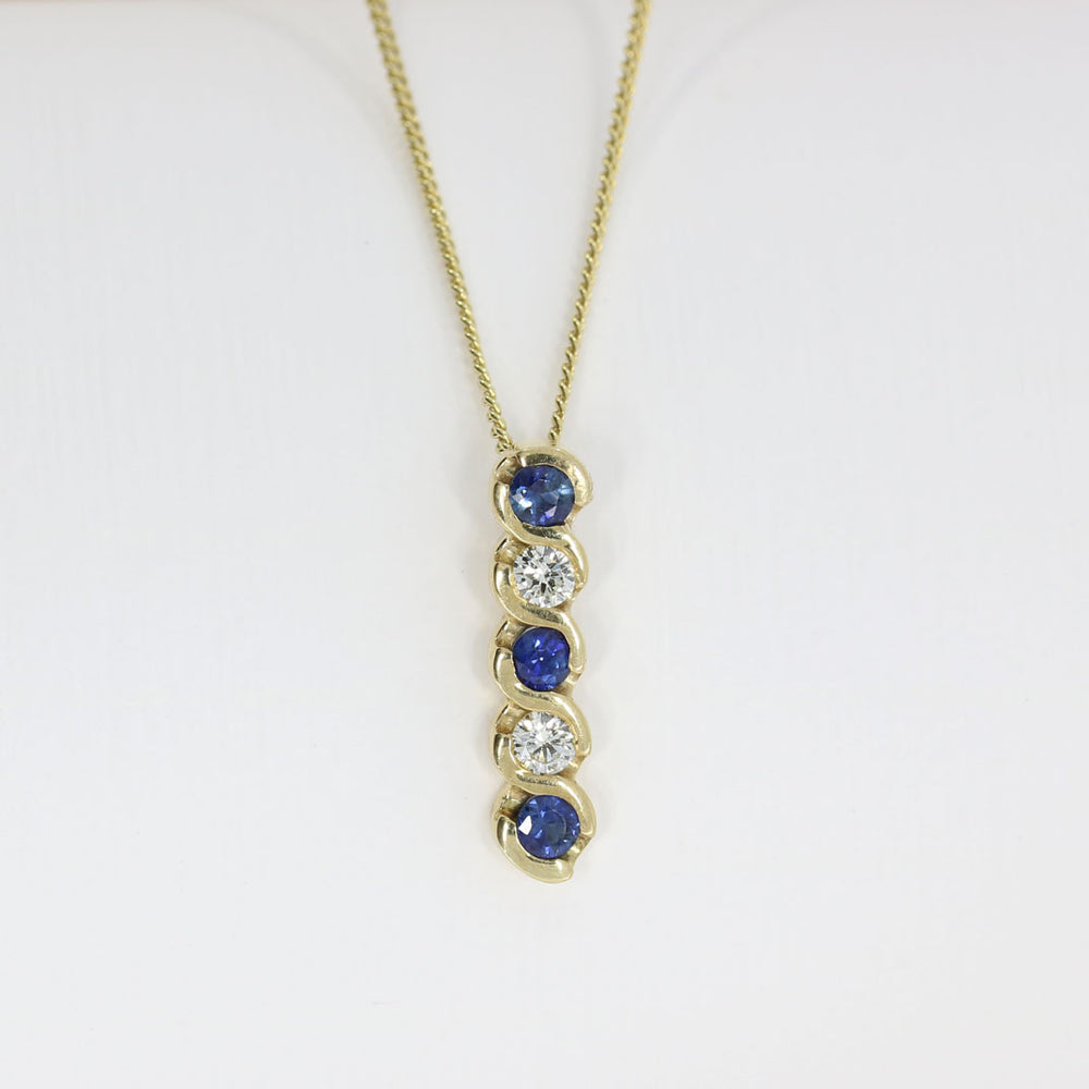 9ct Gold Sapphire & Diamond Drop Pendant on a 9ct Yellow Gold 18'' Chain