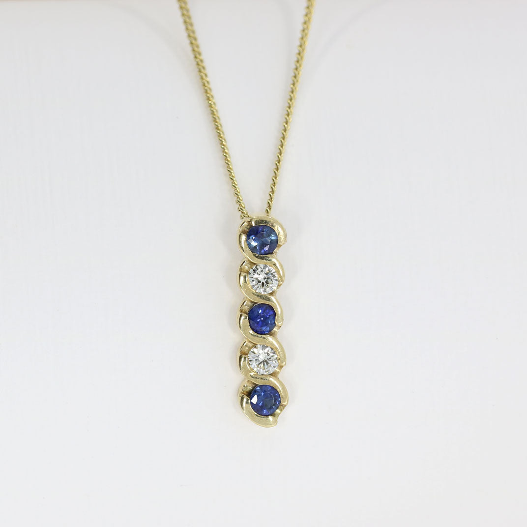 9ct Gold Sapphire & Diamond Drop Pendant on a 9ct Yellow Gold 18'' Chain