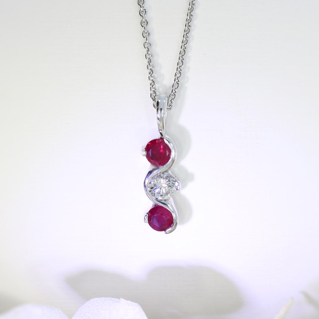 9ct White Gold Ruby and Diamond 3 Stone Pendant On a 18inch 9ct Chain