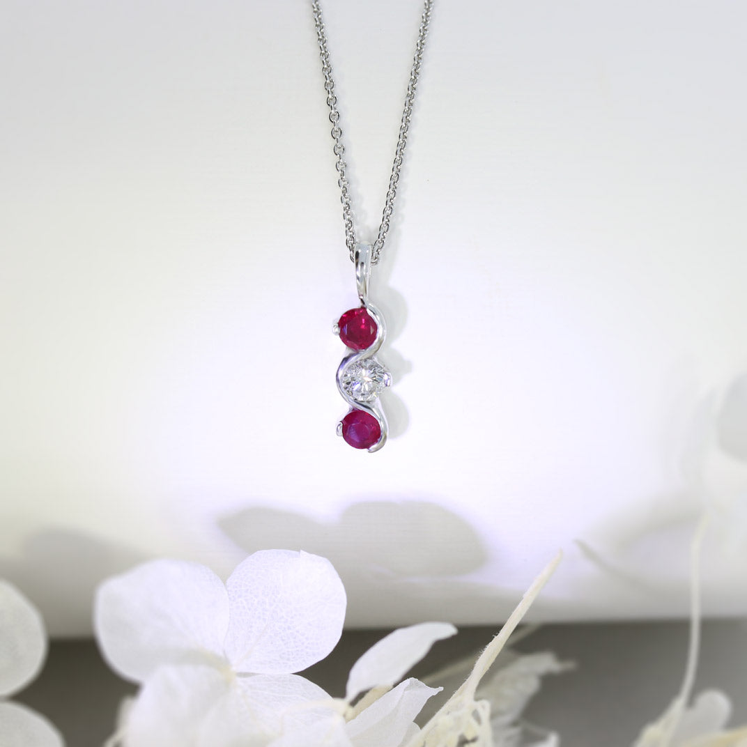 9ct White Gold Ruby and Diamond 3 Stone Pendant On a 18inch 9ct Chain