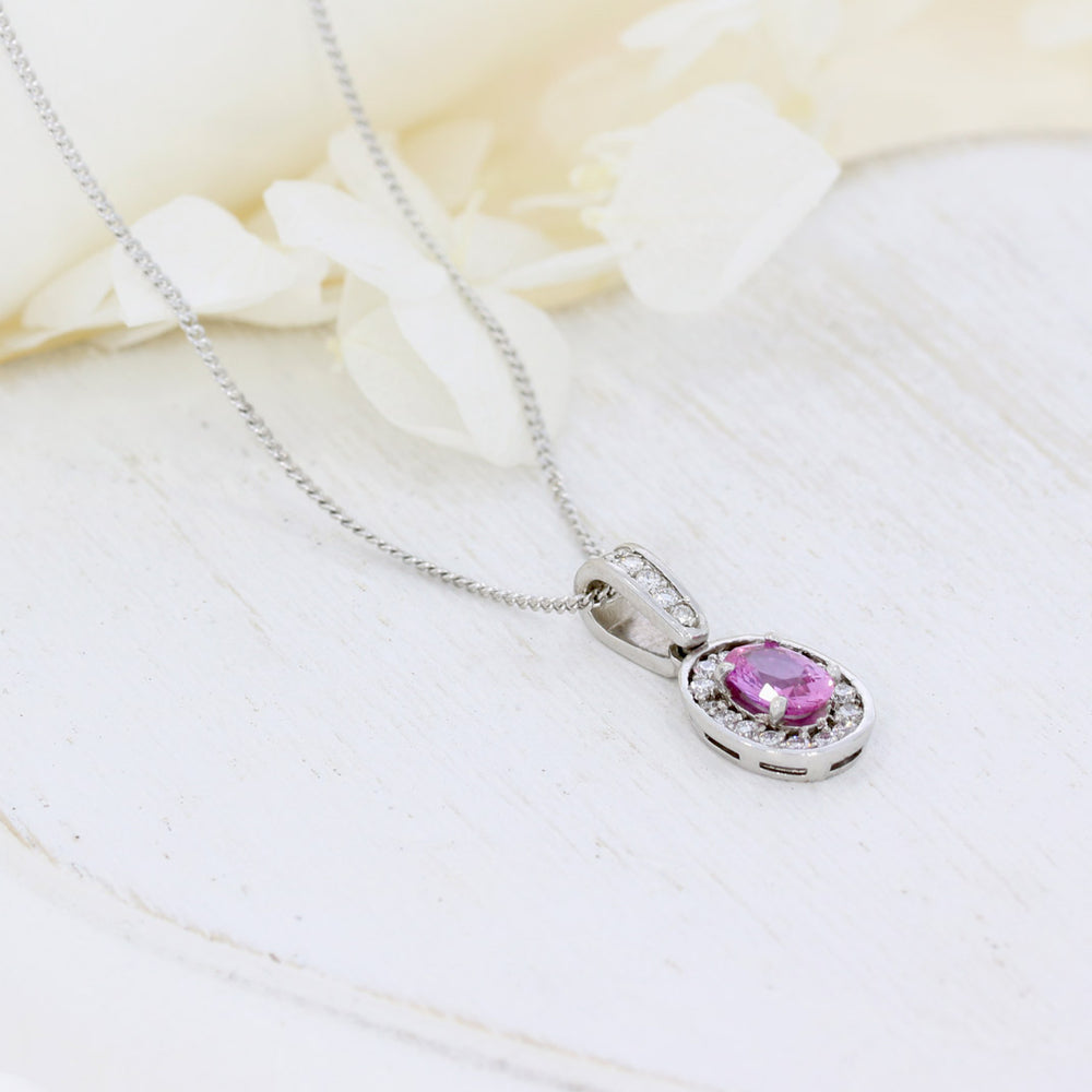 18ct White Gold Pink Sapphire Cluster Pendant on an 18ct 16 Inch Chain
