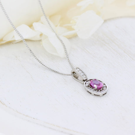 18ct White Gold Pink Sapphire Cluster Pendant on an 18ct 16 Inch Chain