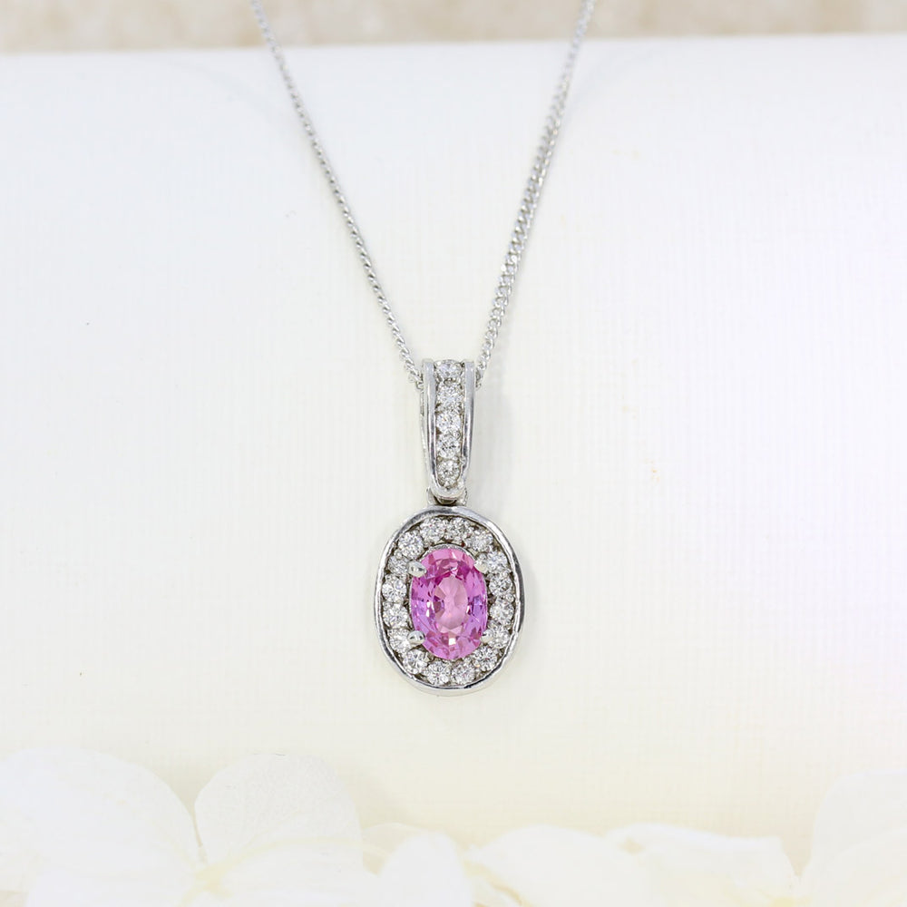 18ct White Gold Pink Sapphire Cluster Pendant on an 18ct 16 Inch Chain