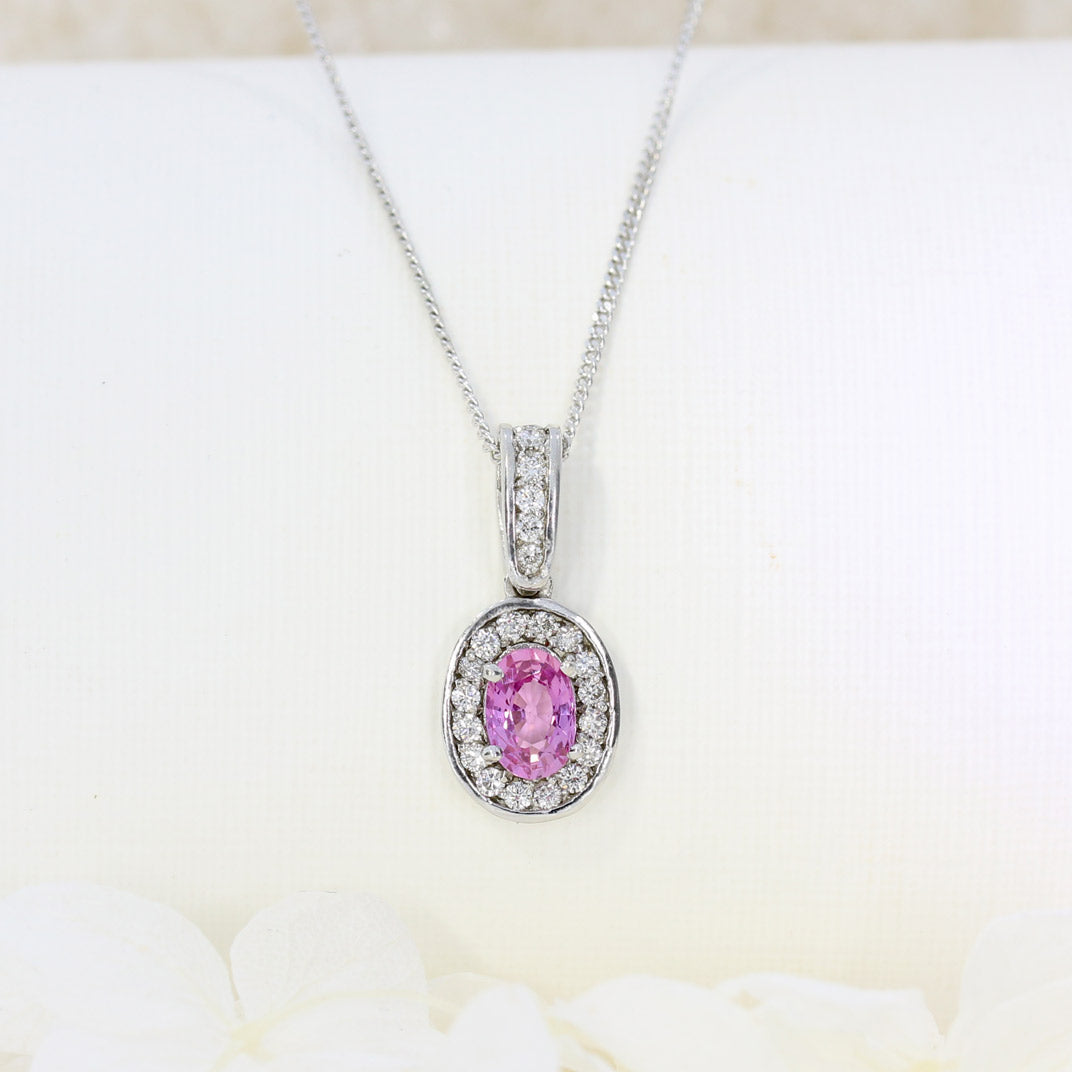 18ct White Gold Pink Sapphire Cluster Pendant on an 18ct 16 Inch Chain