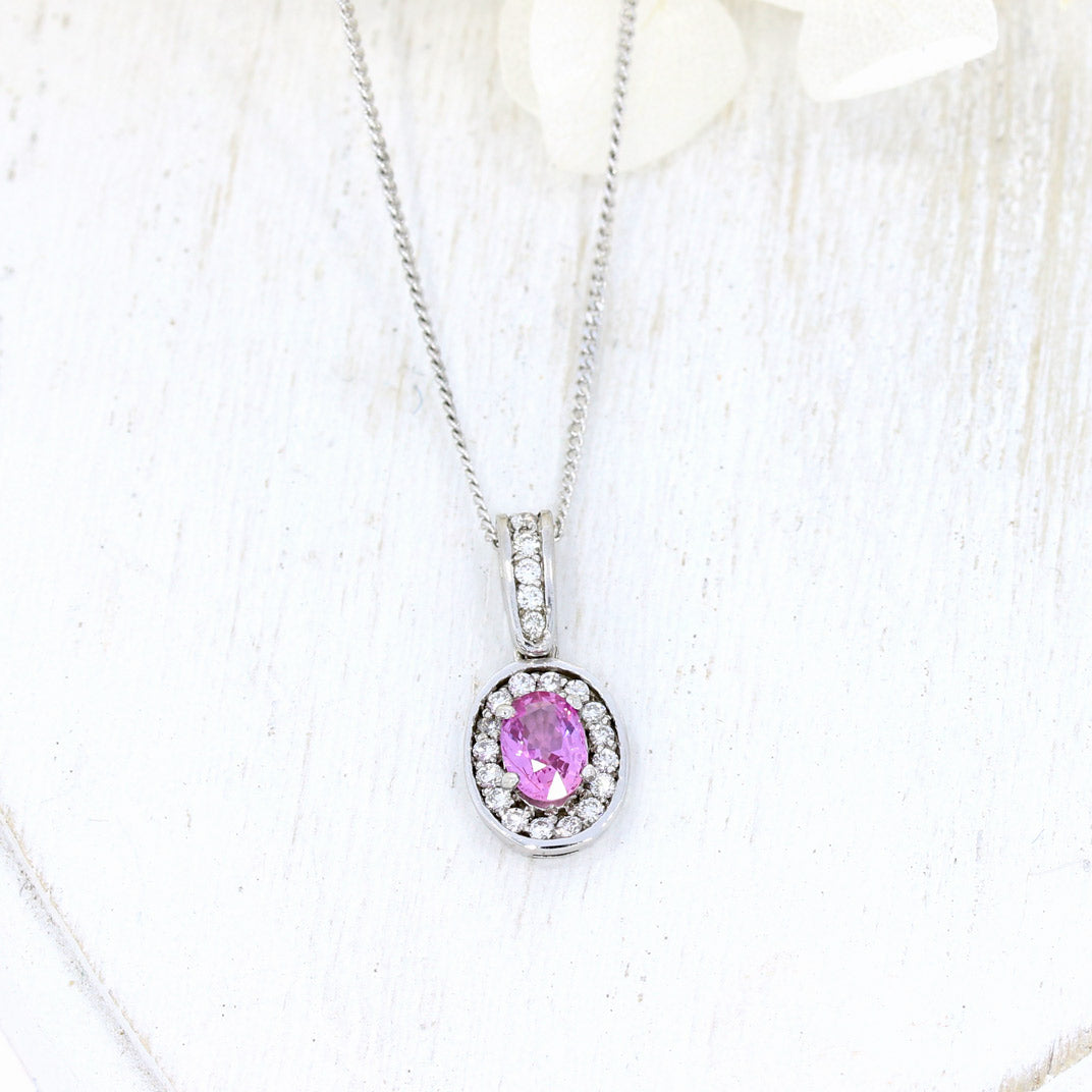 18ct White Gold Pink Sapphire Cluster Pendant on an 18ct 16 Inch Chain
