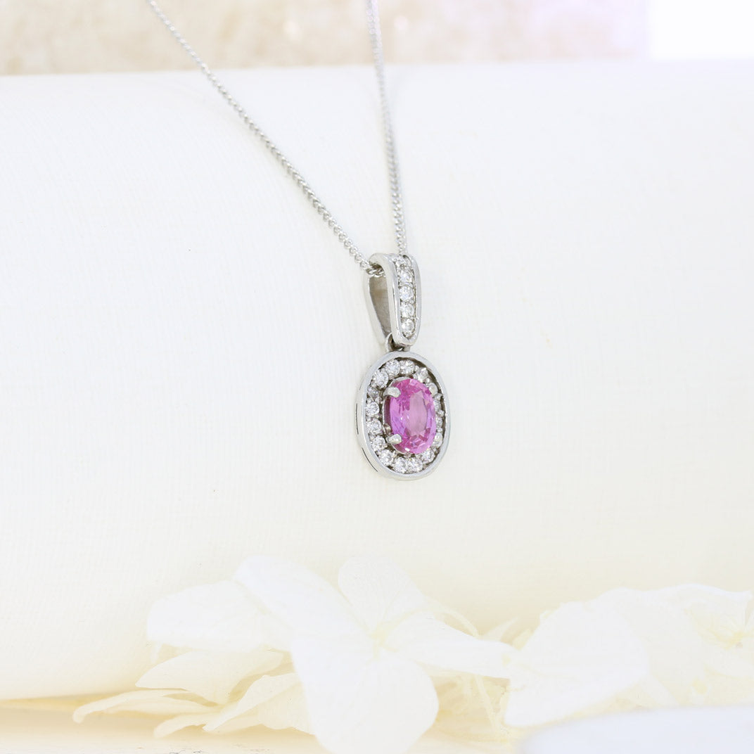 18ct White Gold Pink Sapphire Cluster Pendant on an 18ct 16 Inch Chain