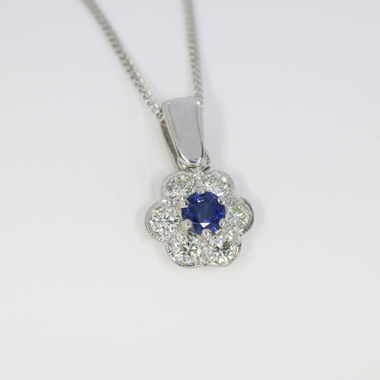 18ct Gold Sapphire & Diamond Flower Cluster Pendant on 18ct White Gold 18'' Chain