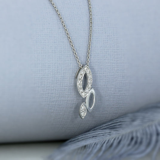 18ct White gold 3 Graduating Leaf Pave Set Diamond Pendant on 18ct 18inch Chain
