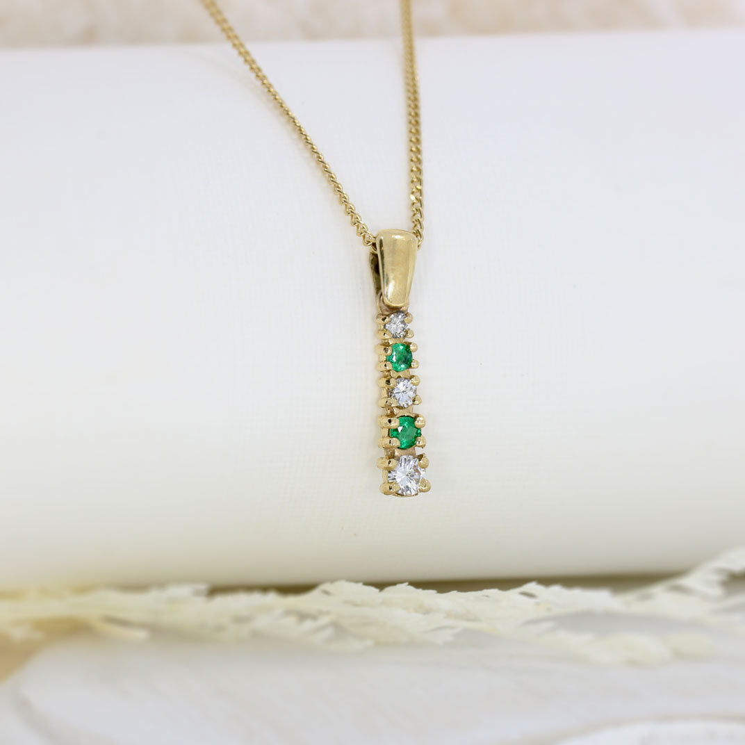 9ct Yellow Gold Graduated Emerald & Diamond Pendant on 9ct 18inch Chain