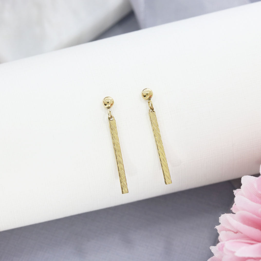 9ct Yellow Gold solid twisted Squared bar drop earrings