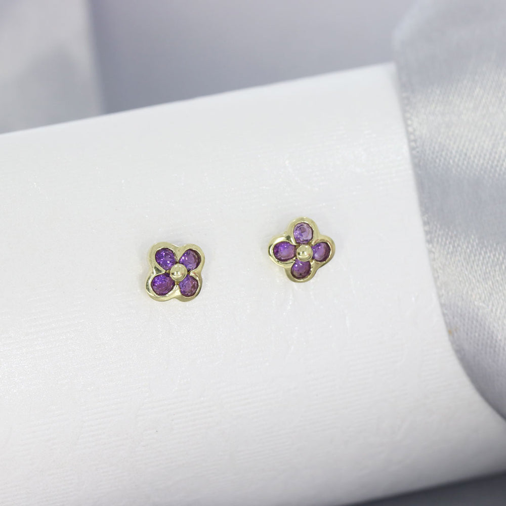 9ct Yellow Gold Amethyst Flower Style Stud Earrings
