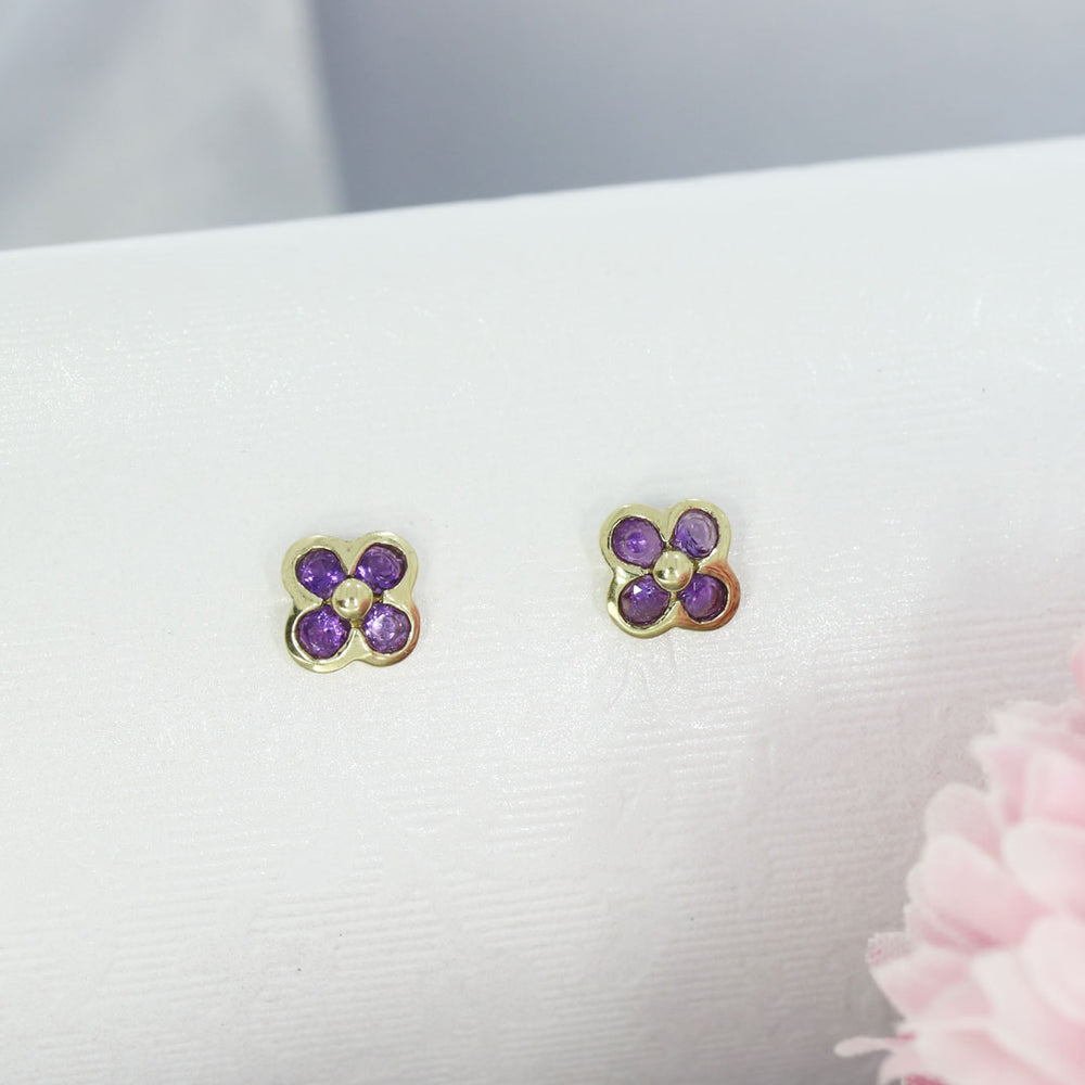 9ct Yellow Gold Amethyst Flower Style Stud Earrings