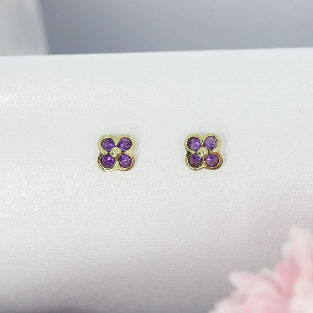 9ct Yellow Gold Amethyst Flower Style Stud Earrings