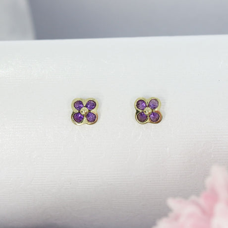 9ct Yellow Gold Amethyst Flower Style Stud Earrings