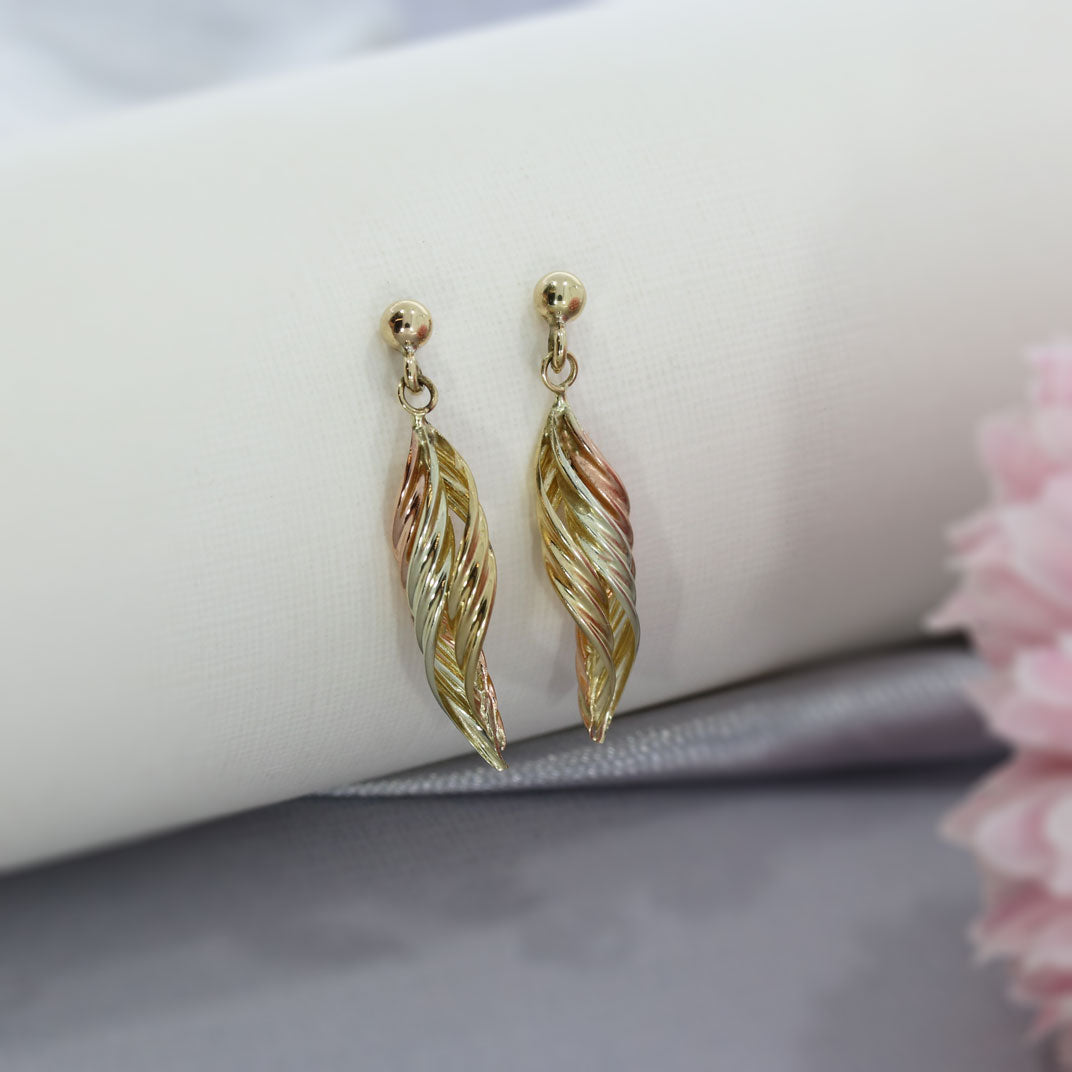 9ct Tricoloured Leaf Shaped Drop Earrings