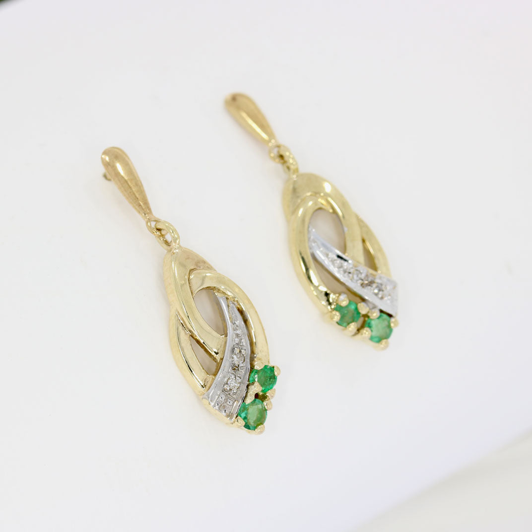 9ct Yellow Gold Fancy Drop Earrings with Emerald and Diamonds