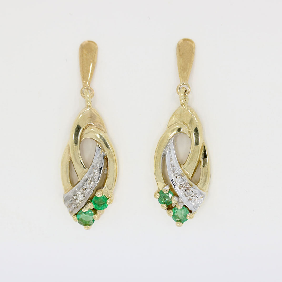 9ct Yellow Gold Fancy Drop Earrings with Emerald and Diamonds
