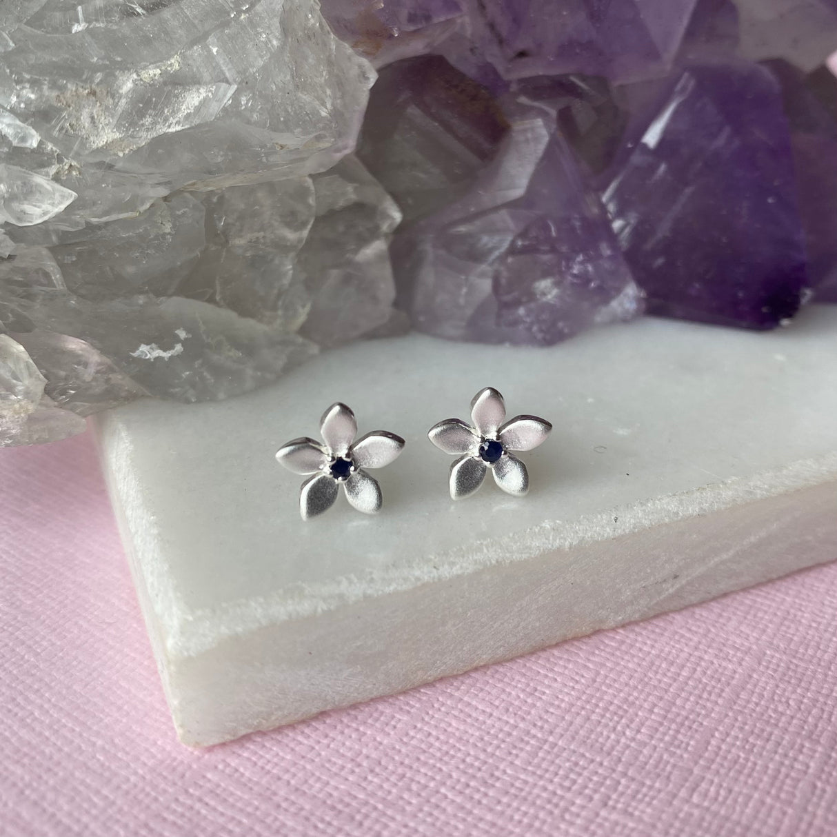 Silver Sapphire Flower Stud Earrings