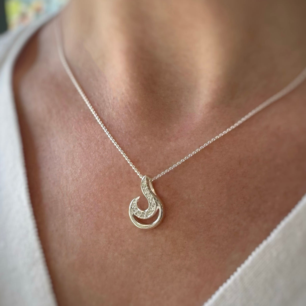 Silver Cubic Zirconia Pave set Crescent moon swirl pendant