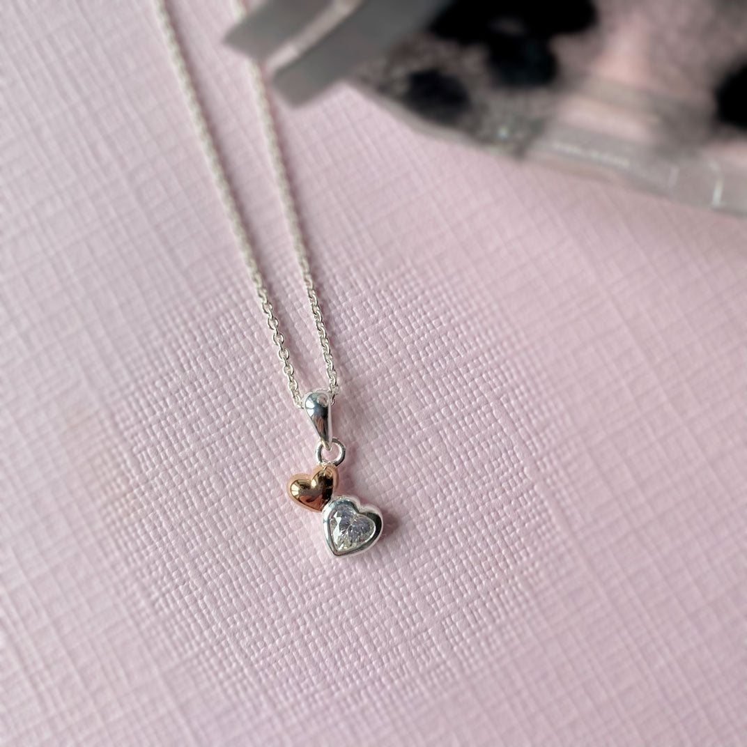 Silver & Rose Gold Double Heart CZ Pendant