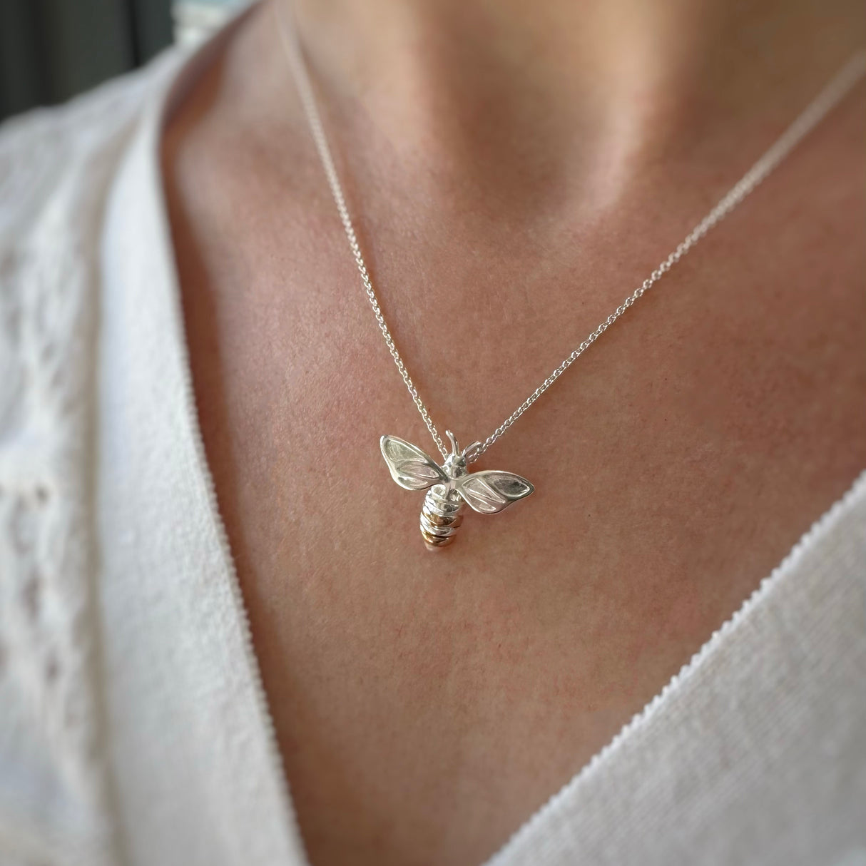 Silver Bee Pendant with Rose Gold Accent