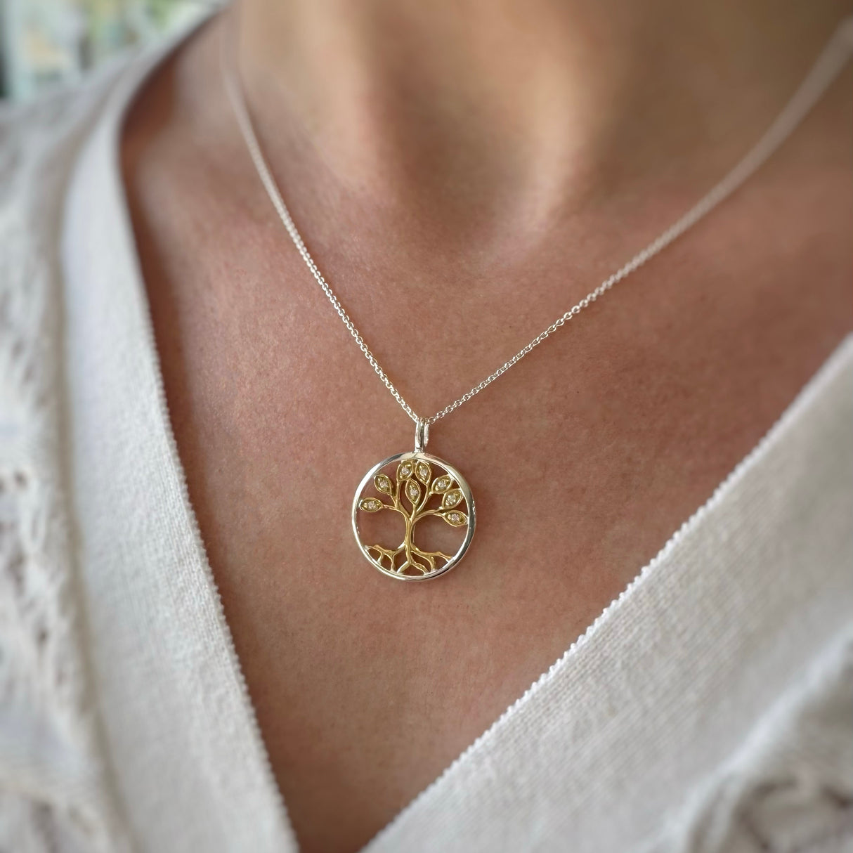 Silver and CZ Tree Of Life Pendant with Yellow Gold Accent