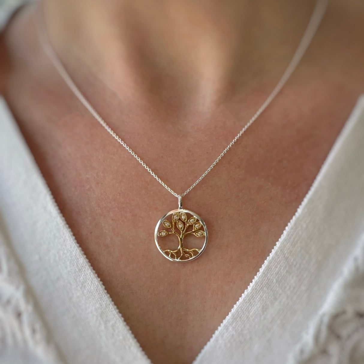 Silver and CZ Tree Of Life Pendant with Yellow Gold Accent
