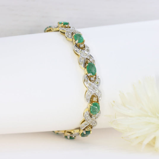 Pre-Owned 14ct Yellow Oval Emerald & Pave Set Diamond Bracelet