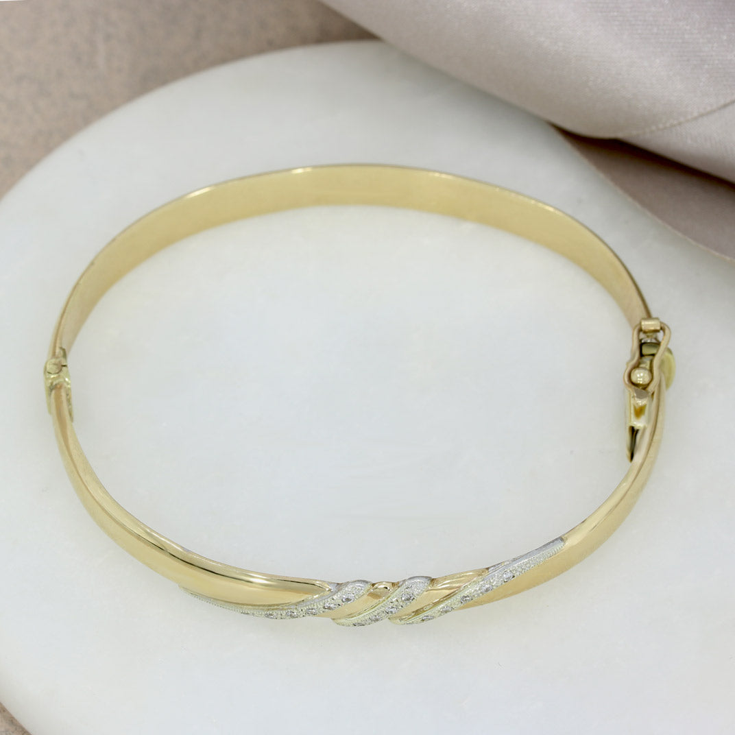 Pre Owned 9ct Gold Hinged Bangle with Pave Set Diamonds