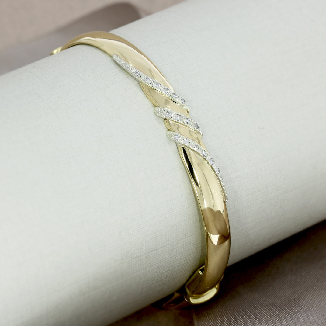 Pre Owned 9ct Gold Hinged Bangle with Pave Set Diamonds