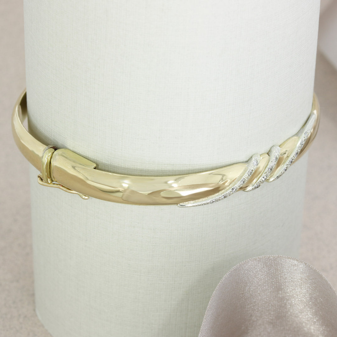 Pre Owned 9ct Gold Hinged Bangle with Pave Set Diamonds