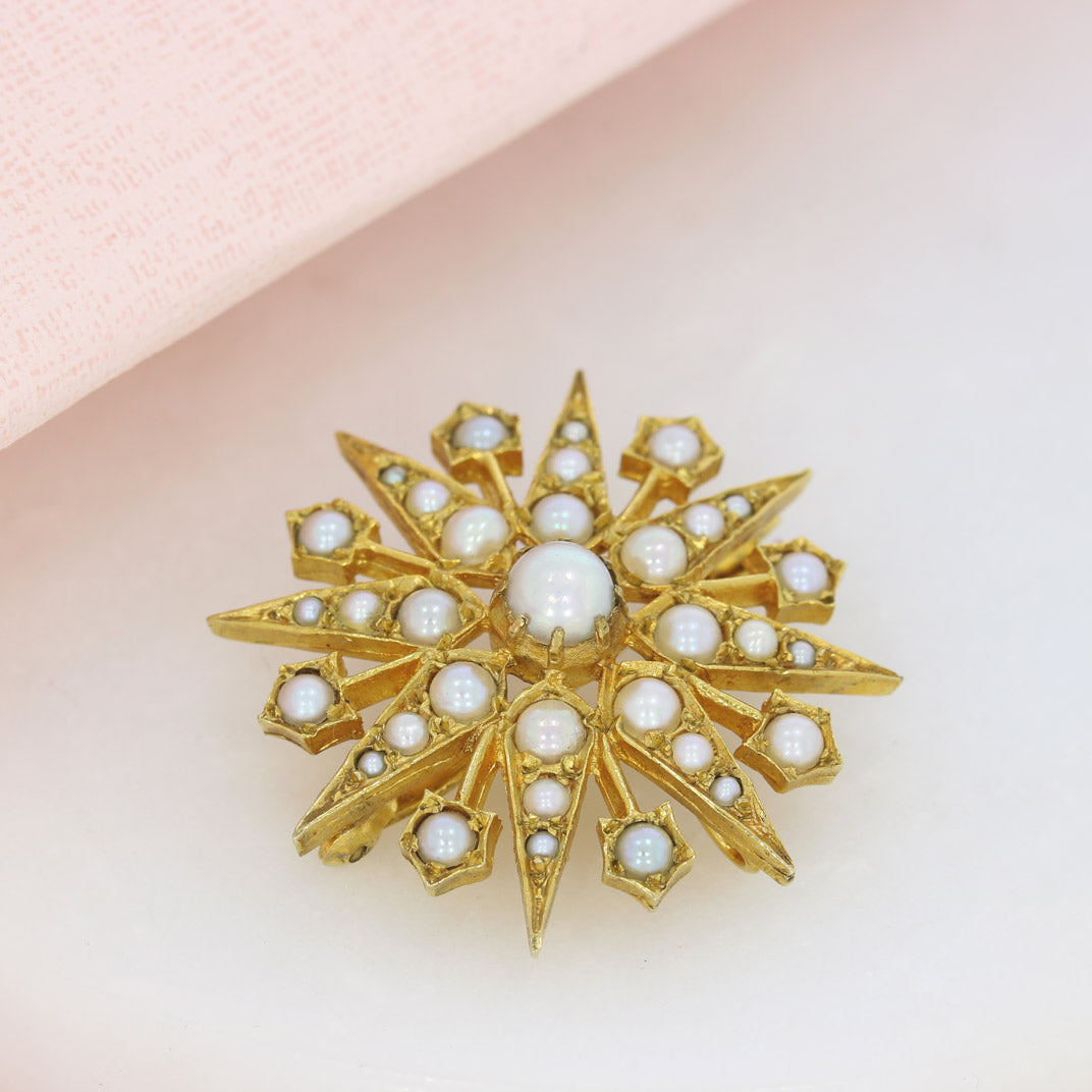 Vintage Pre Owned 9ct Yellow Gold Star Shaped Pearl Brooch