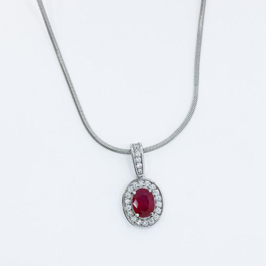 18ct White Gold Ruby & Diamond Halo Pendant On an 18ct 16" Snake Chain