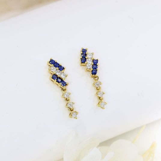 Pre Owned 18ct Yellow Gold Sapphire & Princess Cut Diamond Claw Set Drop Earrings