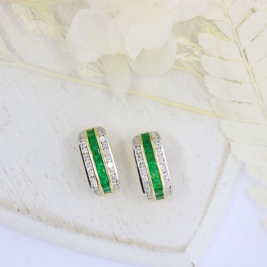 Pre Owned 18ct Yellow Gold Emerad & Diamond Huggie Style Earrings